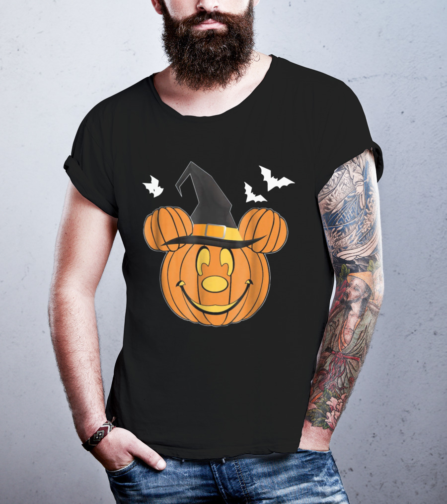 Disney Mickey Mouse Halloween Pumpkin Witch Hat And Bats T-Shirt