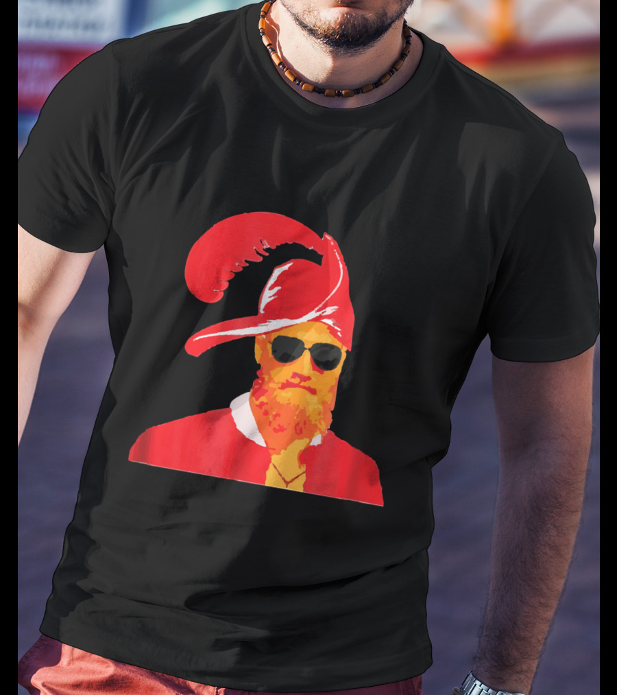 Fitzmagic Pirate Santa With Sunglasses Iconic Beard Red Feather Hat T-Shirt