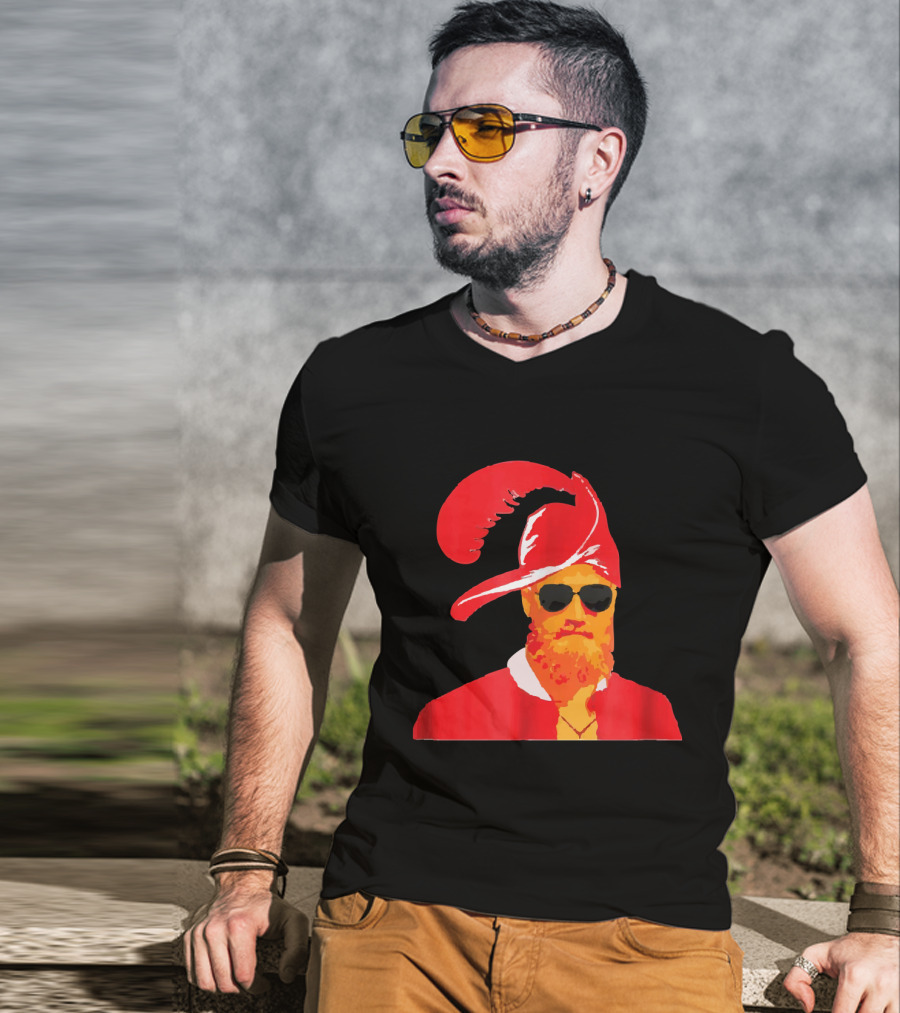 Fitzmagic Pirate Santa With Sunglasses Iconic Beard Red Feather Hat T-Shirt