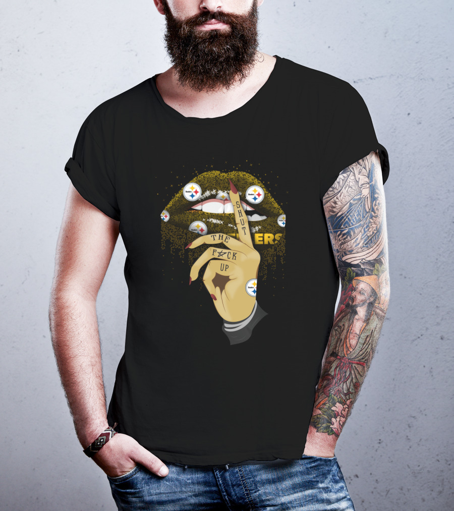 Shut Up Lip With Pittsburgh Steelers Logo And Hand Gesture T-Shirt