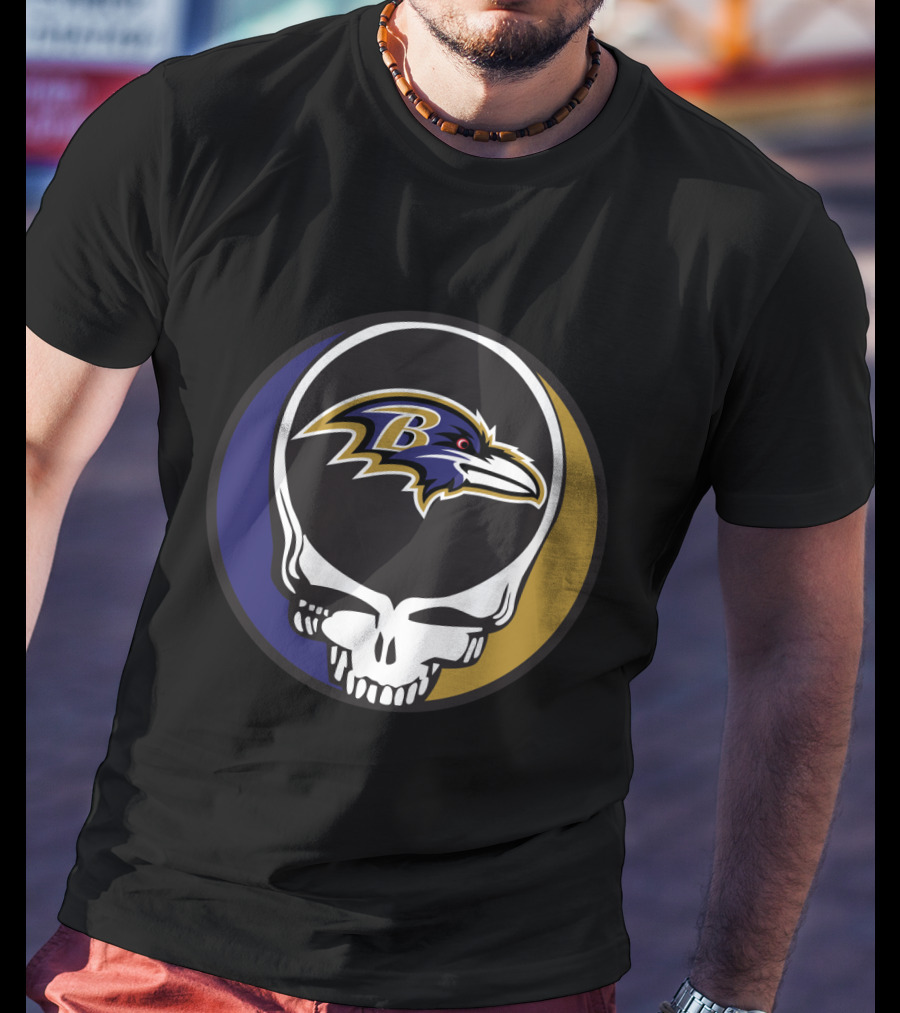 Grateful Dead Skull Logo With Baltimore Ravens Team T-Shirt
