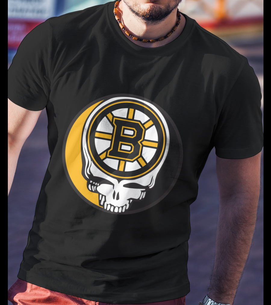 Boston Bruins And Grateful Dead Skull Logo Fusion T-Shirt