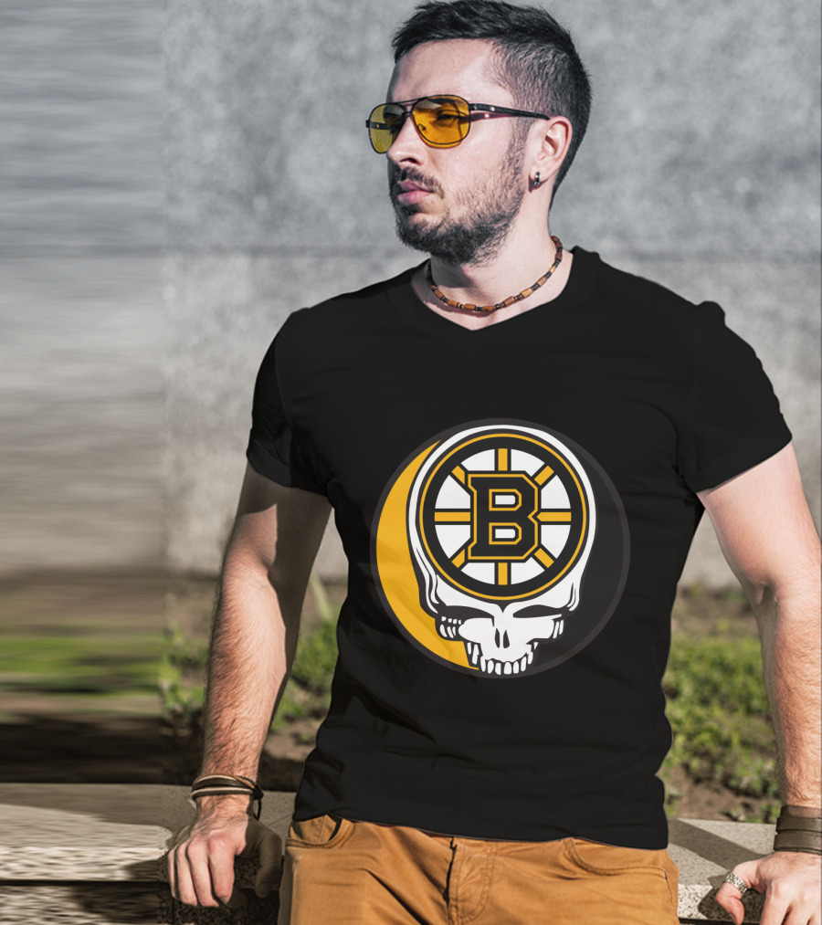 Boston Bruins And Grateful Dead Skull Logo Fusion T-Shirt