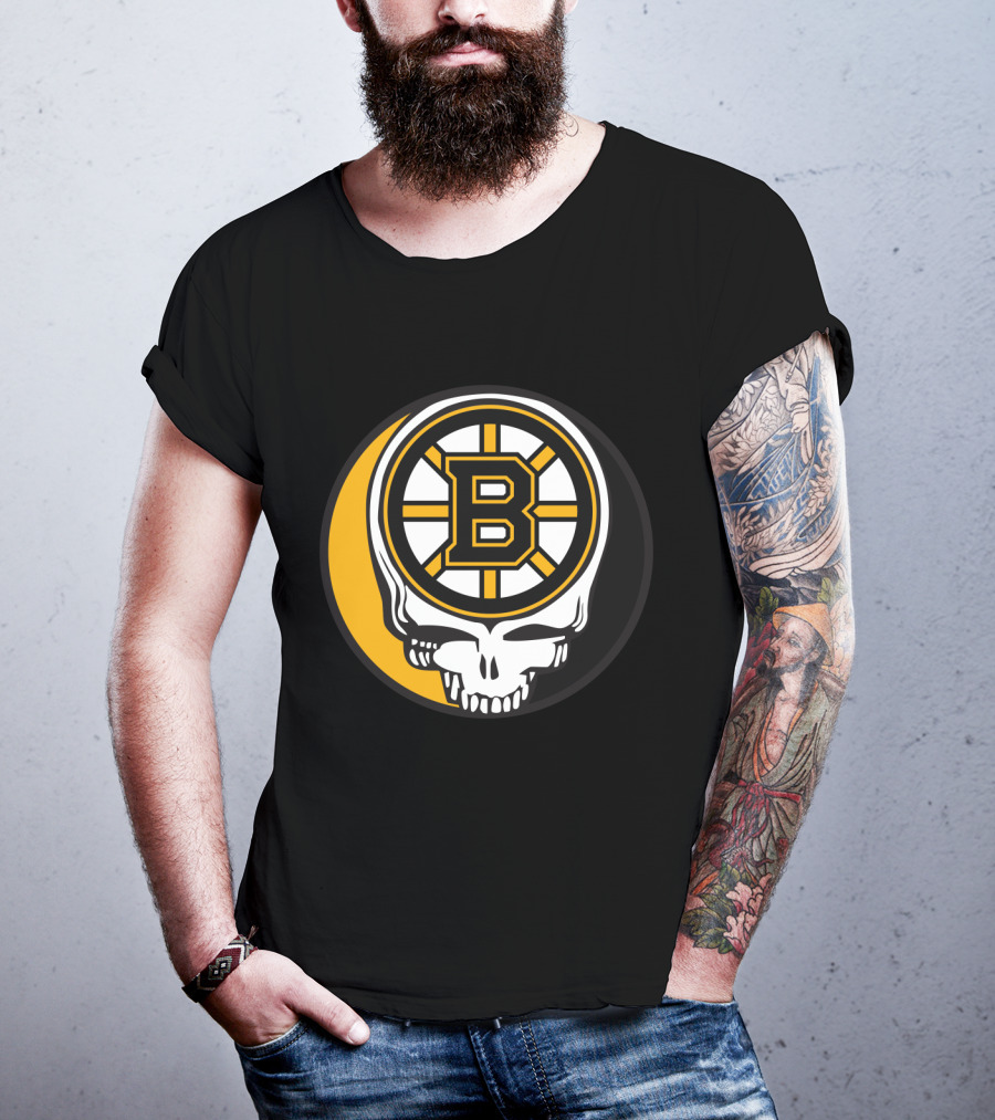Boston Bruins And Grateful Dead Skull Logo Fusion T-Shirt