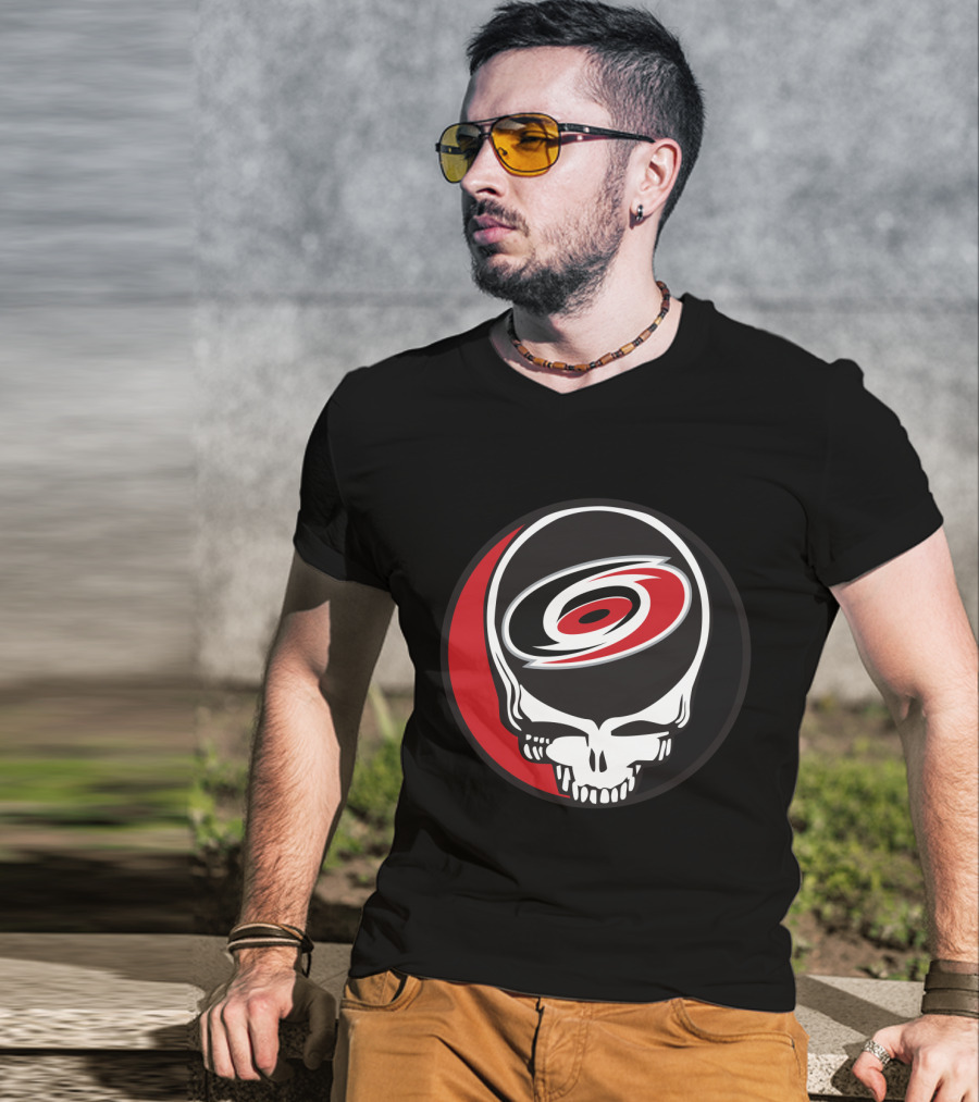Carolina Hurricanes Fans Grateful Dead Skull Logo Fusion T-Shirt