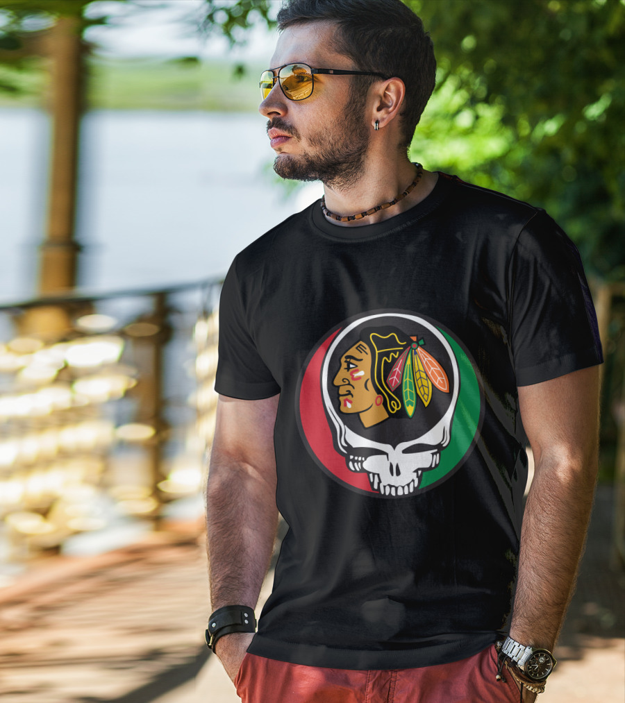 Grateful Dead Skull Chicago Blackhawks Logo Fusion For Fans T-Shirt