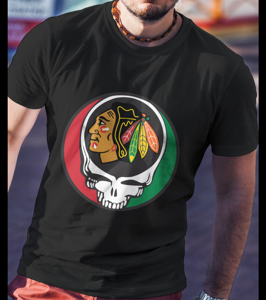 Grateful Dead Skull Chicago Blackhawks Logo Fusion For Fans T-Shirt
