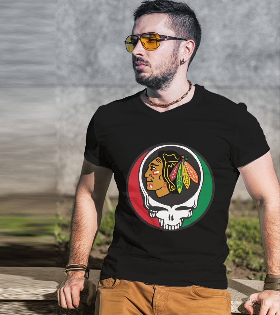 Grateful Dead Skull Chicago Blackhawks Logo Fusion For Fans T-Shirt