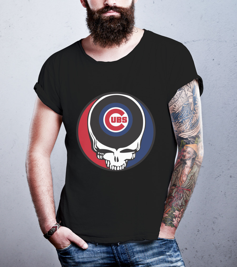 Grateful Dead Skull With Chicago Cubs Logo And Red Blue Circle T-Shirt