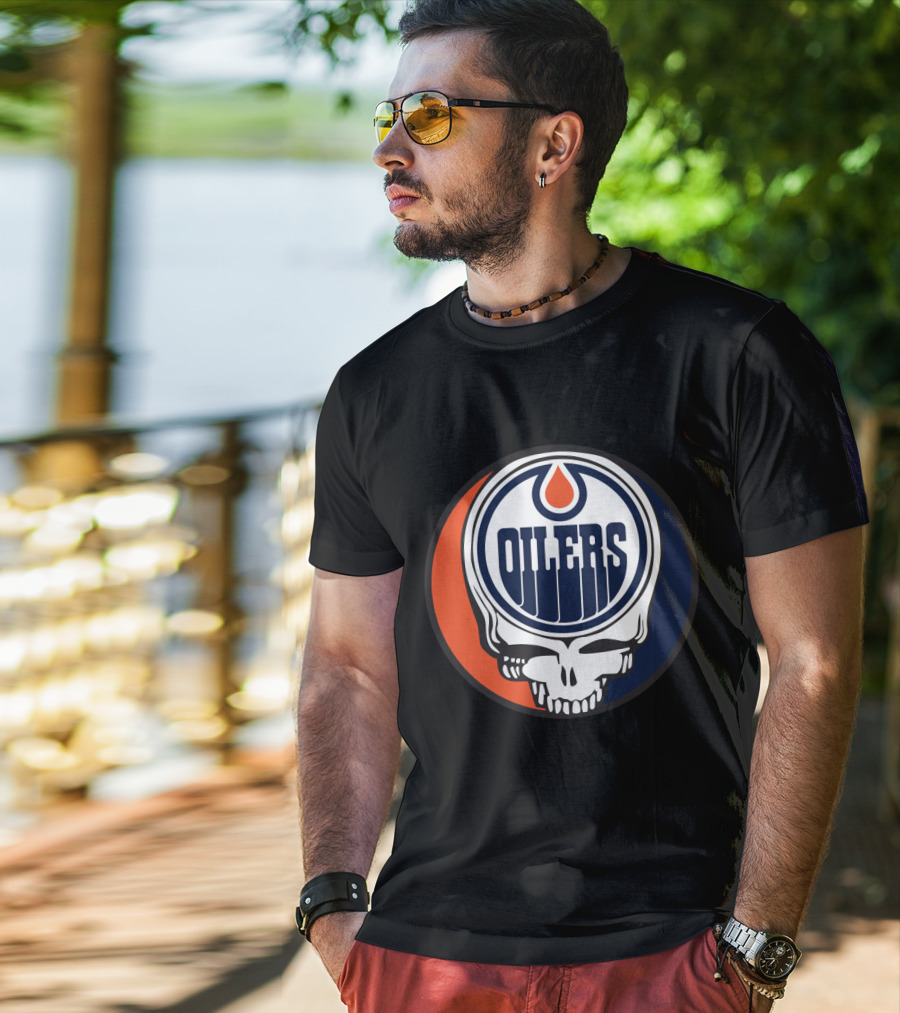 Grateful Dead Skull With Edmonton Oilers Logo And Colors For Fans T-Shirt
