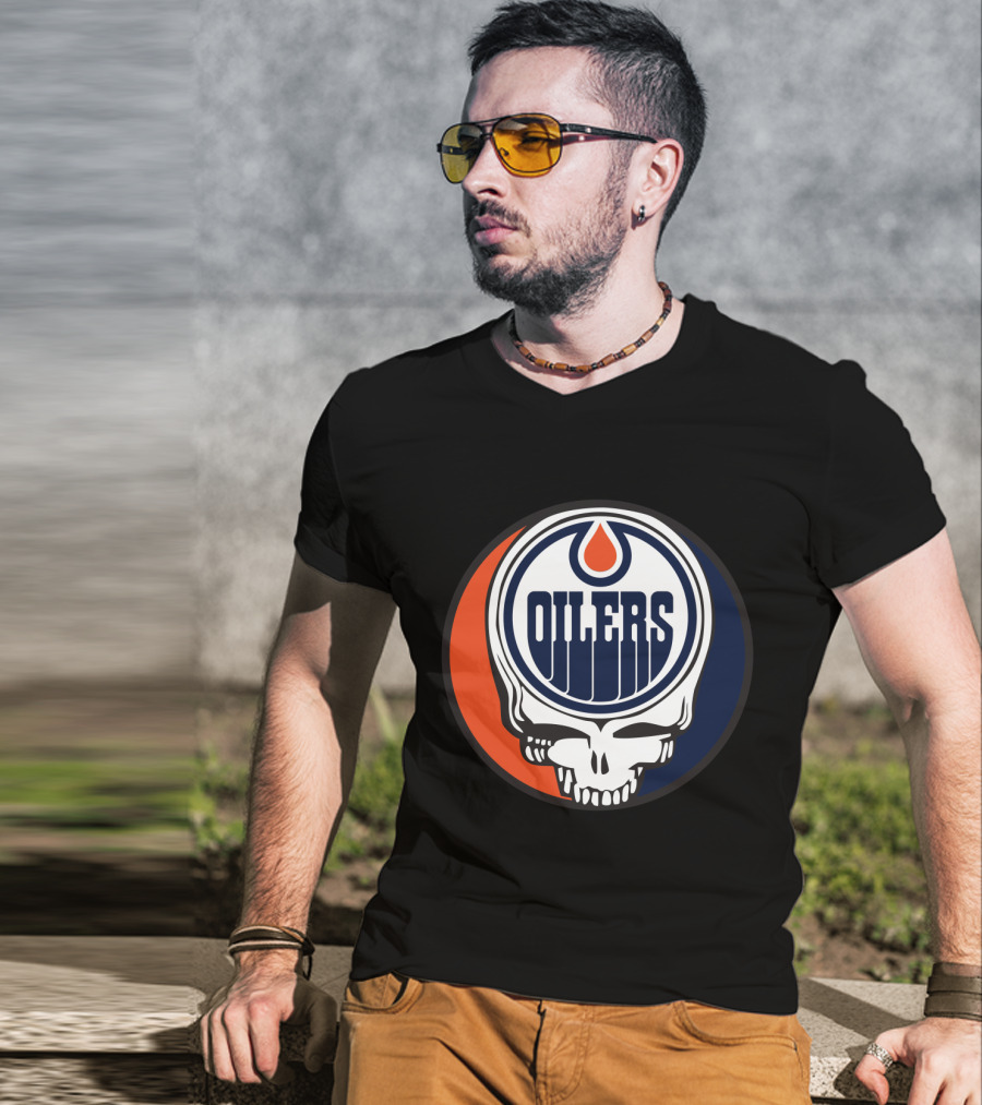Grateful Dead Skull With Edmonton Oilers Logo And Colors For Fans T-Shirt