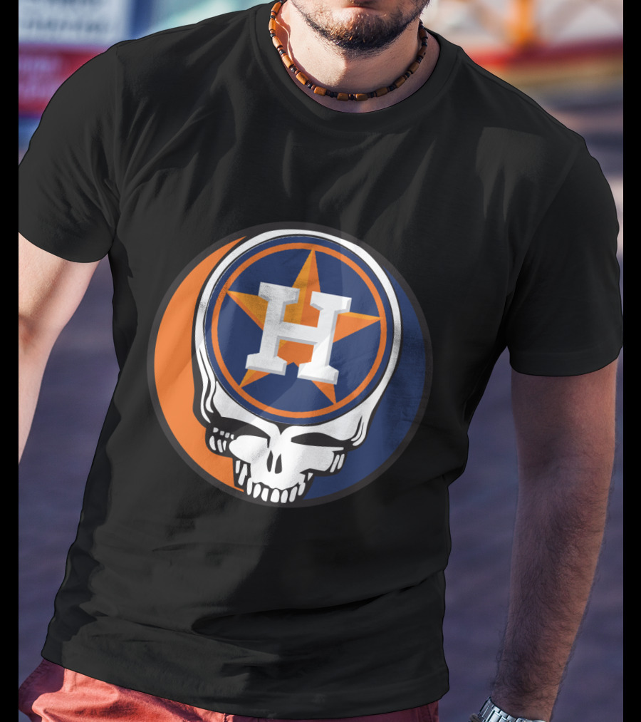 Grateful Dead Skull With Houston Astros Logo And Star In Orange And Blue T-Shirt