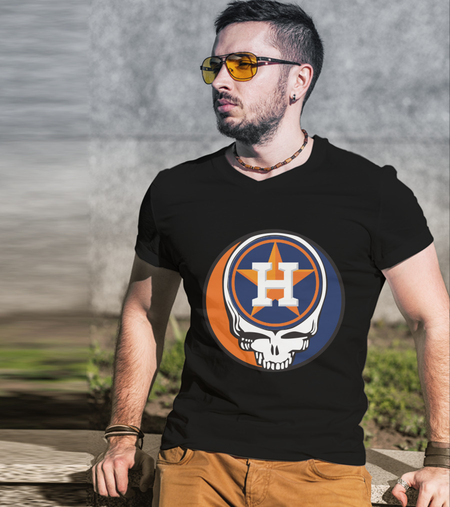 Grateful Dead Skull With Houston Astros Logo And Star In Orange And Blue T-Shirt