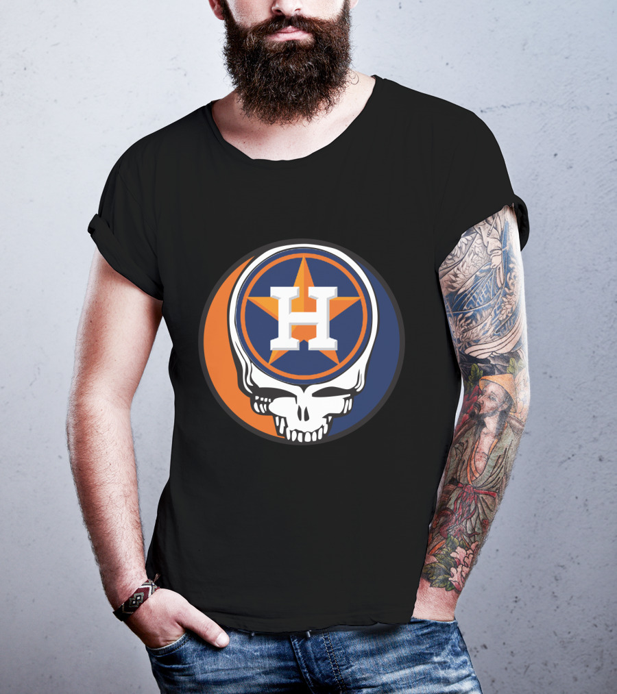 Grateful Dead Skull With Houston Astros Logo And Star In Orange And Blue T-Shirt