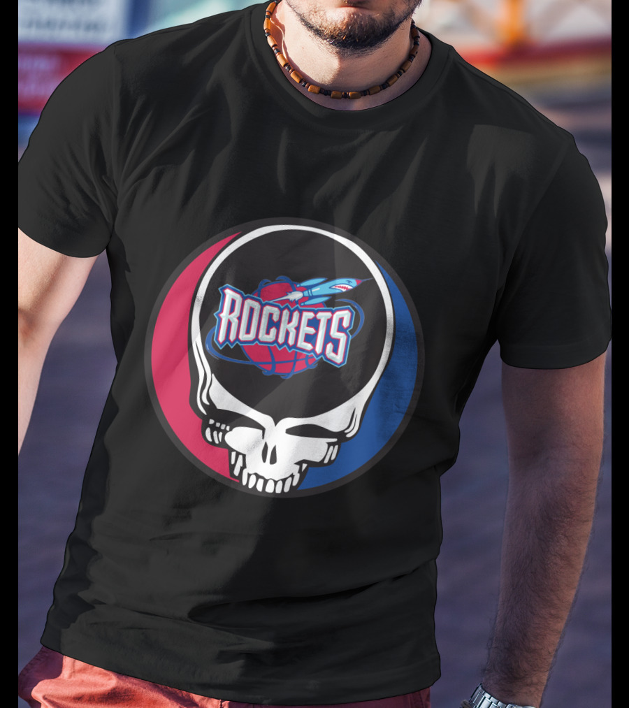Grateful Dead Skull With Houston Rockets Basketball Logo And Blue Red Circle T-Shirt