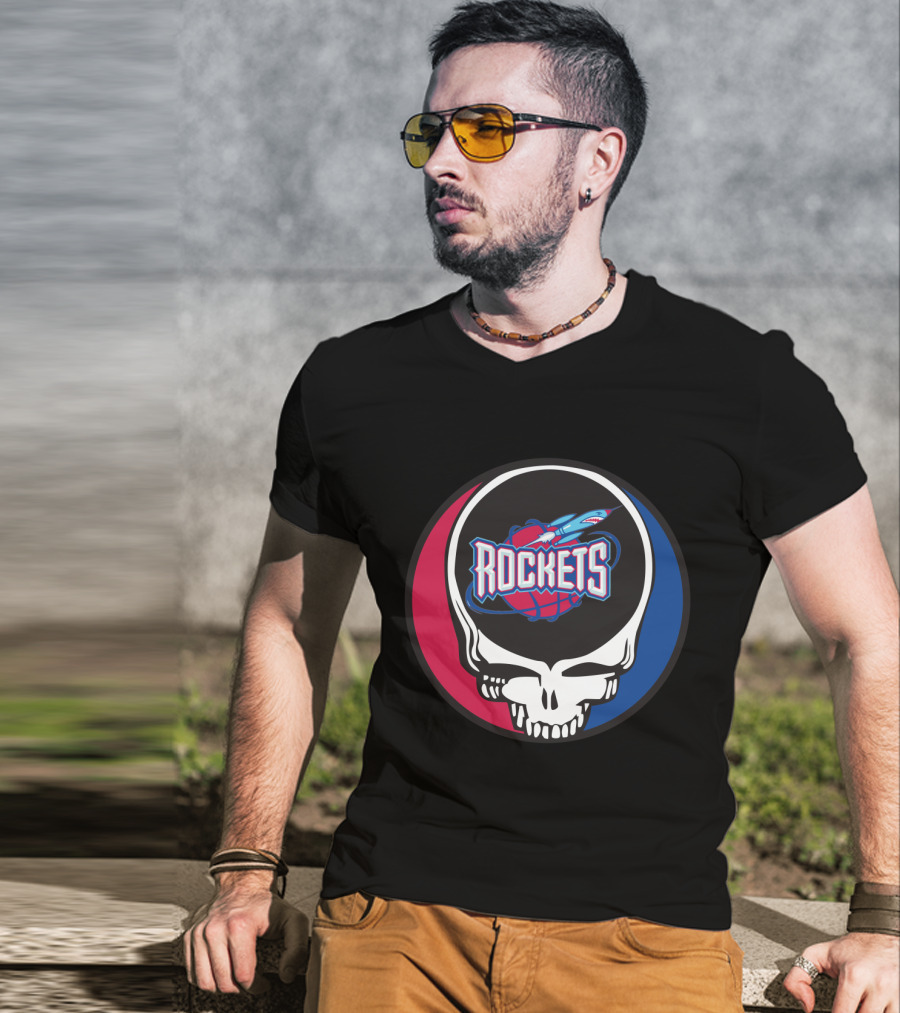Grateful Dead Skull With Houston Rockets Basketball Logo And Blue Red Circle T-Shirt