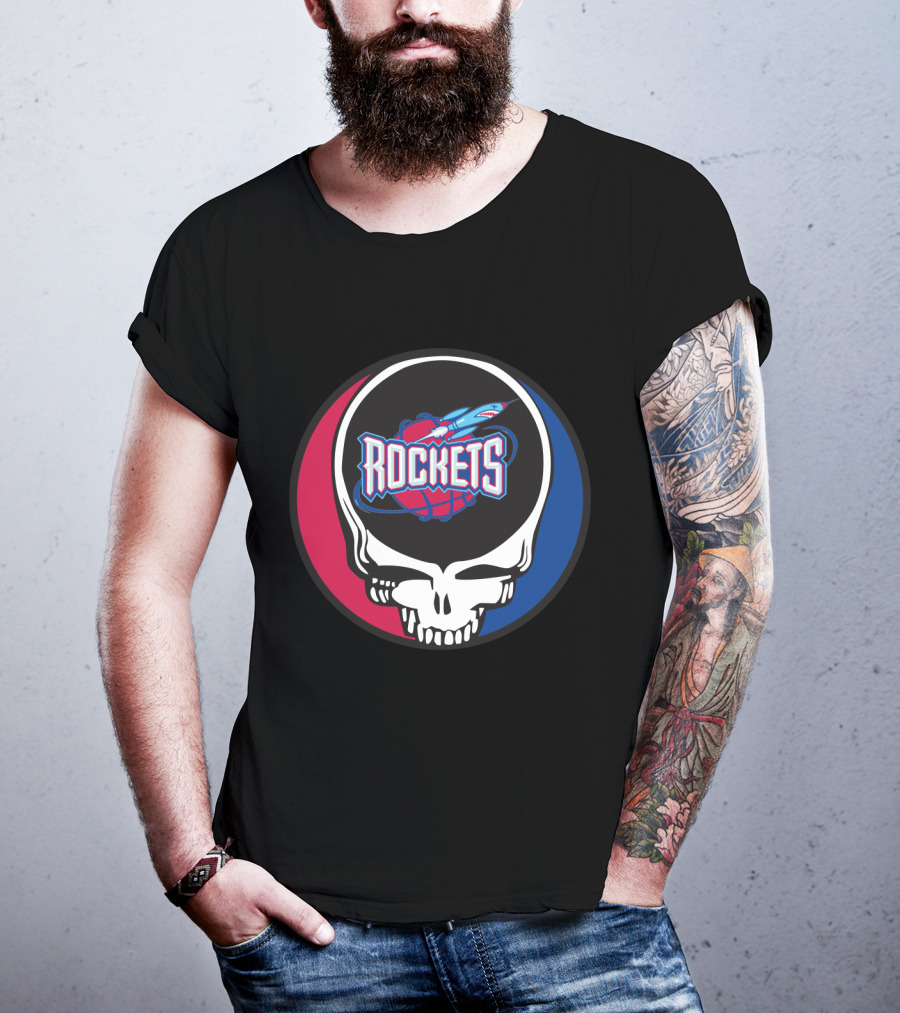 Grateful Dead Skull With Houston Rockets Basketball Logo And Blue Red Circle T-Shirt