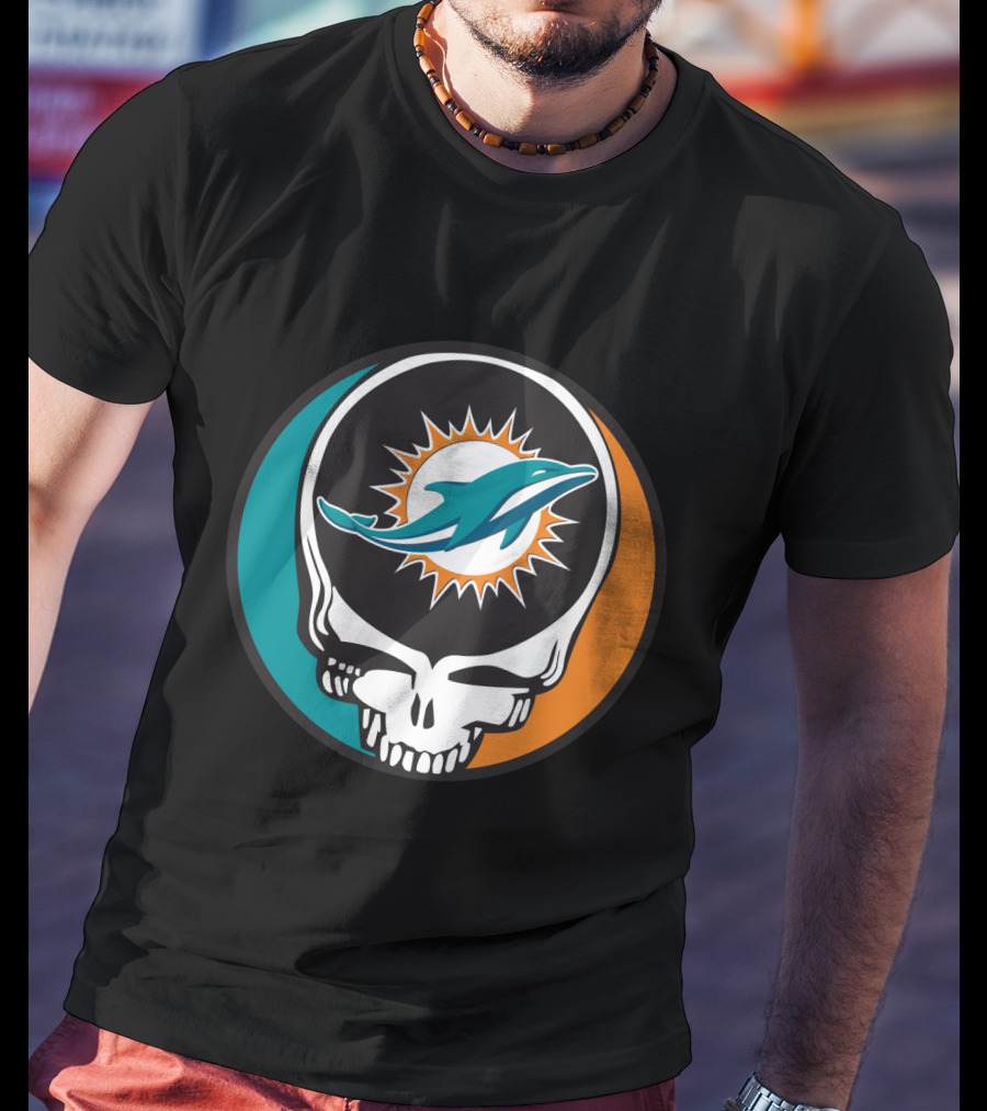 Grateful Dead Skull With Miami Dolphins Logo Fusion For Fans T-Shirt