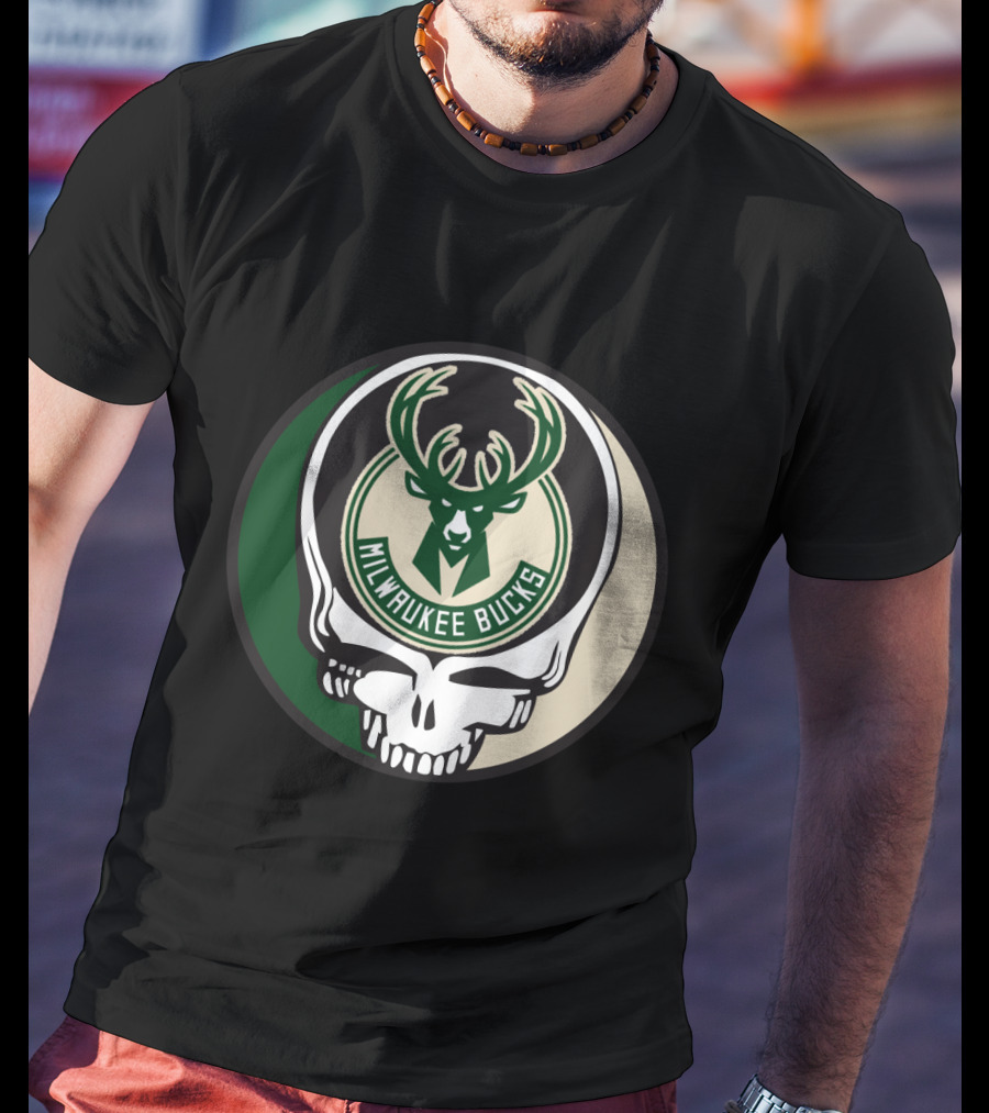 Milwaukee Bucks Grateful Dead Skull Logo Fusion T-Shirt