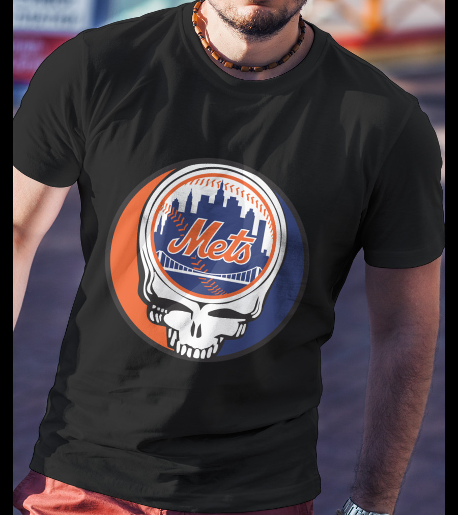 Skull Logo Blending New York Mets Skyline With Grateful Dead T-Shirt