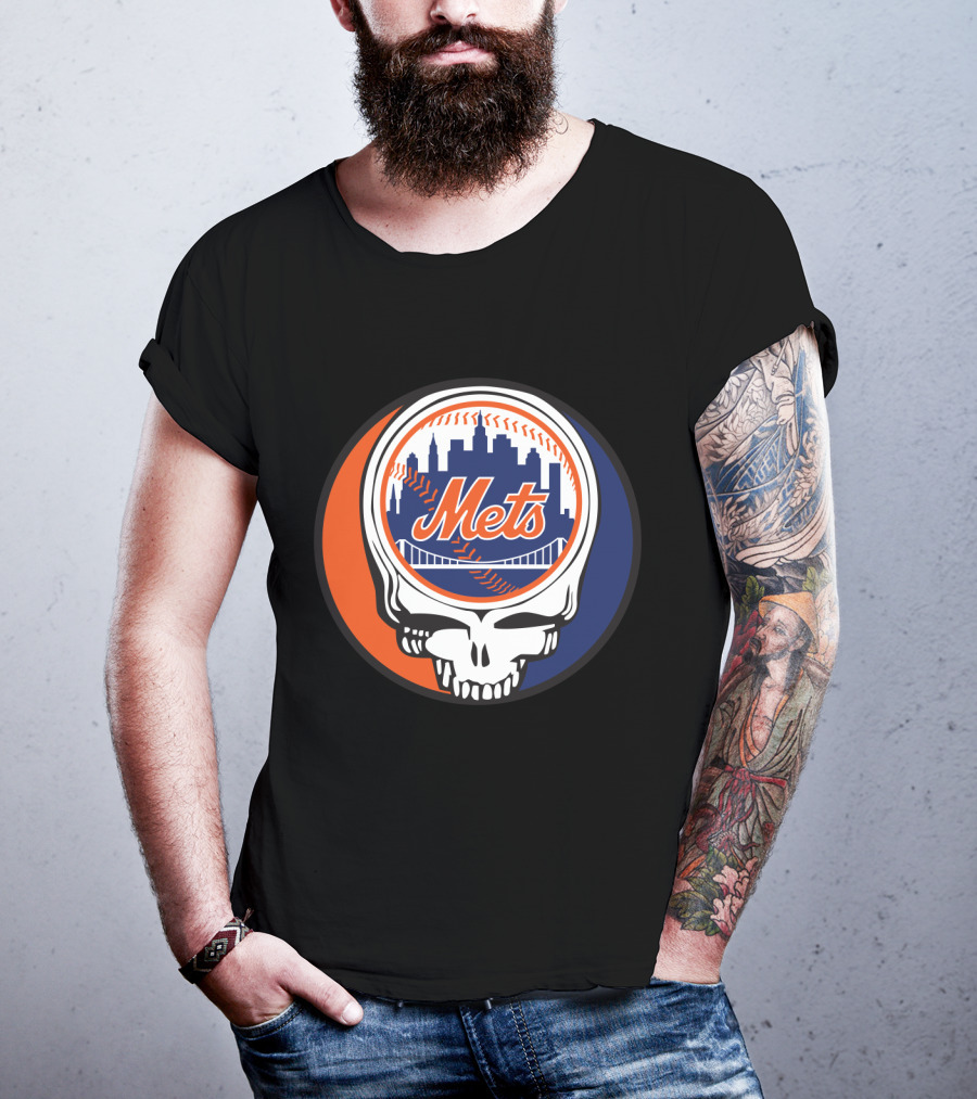 Skull Logo Blending New York Mets Skyline With Grateful Dead T-Shirt