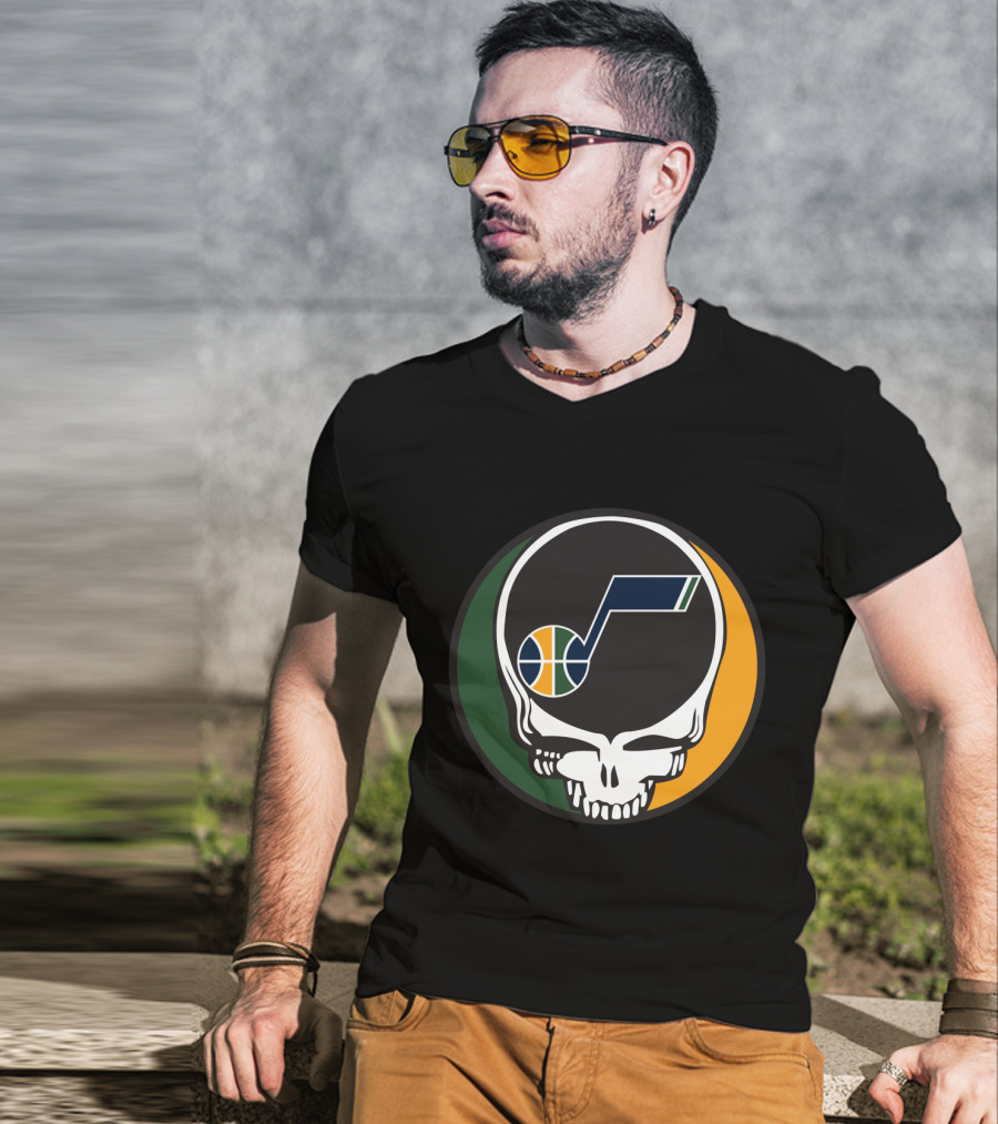 Grateful Dead Skull With Utah Jazz Basketball Logo And Colors T-Shirt