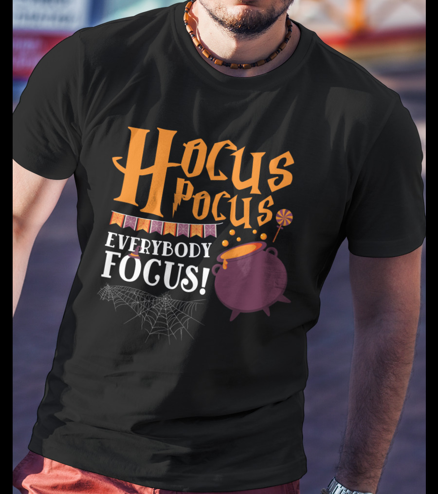 Hocus Pocus Everybody Focus Cauldron Banner Lollipop Spiderweb Halloween T-Shirt
