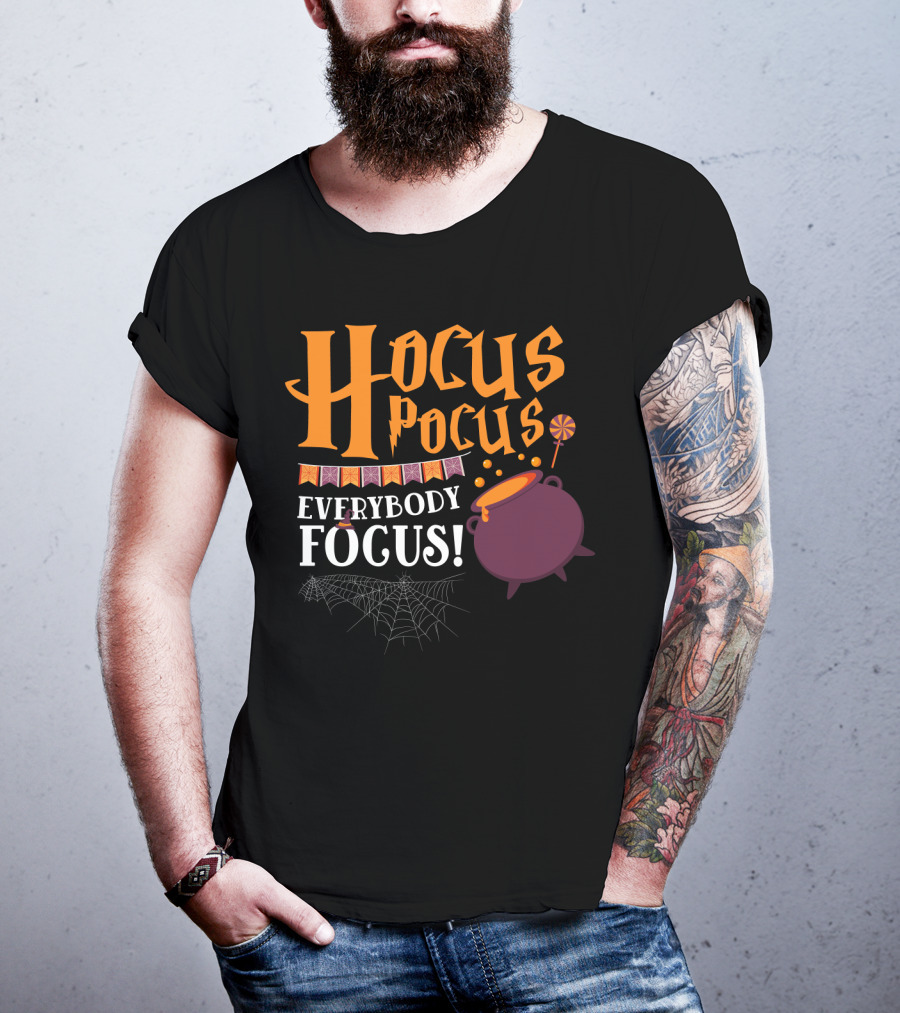 Hocus Pocus Everybody Focus Cauldron Banner Lollipop Spiderweb Halloween T-Shirt