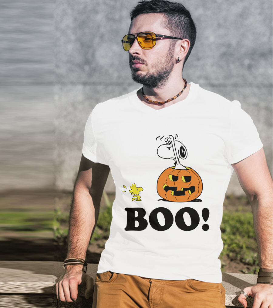 Peanuts Halloween Snoopy And Woodstock In Pumpkin BOO T-Shirt
