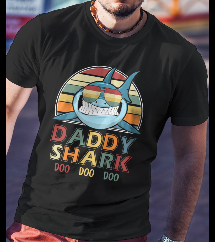 Daddy Shark Retro Vintage Doo Doo Doo Sunglasses Rainbow Stripes T-Shirt