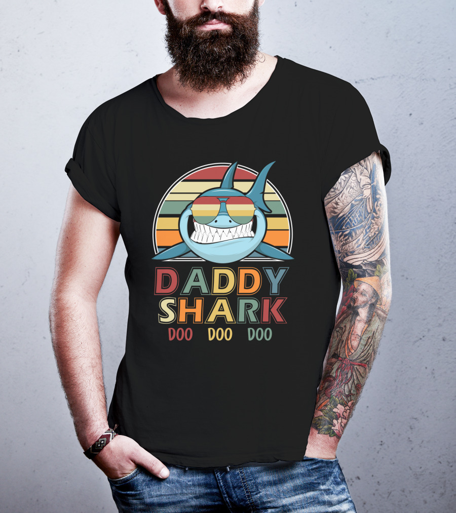 Daddy Shark Retro Vintage Doo Doo Doo Sunglasses Rainbow Stripes T-Shirt