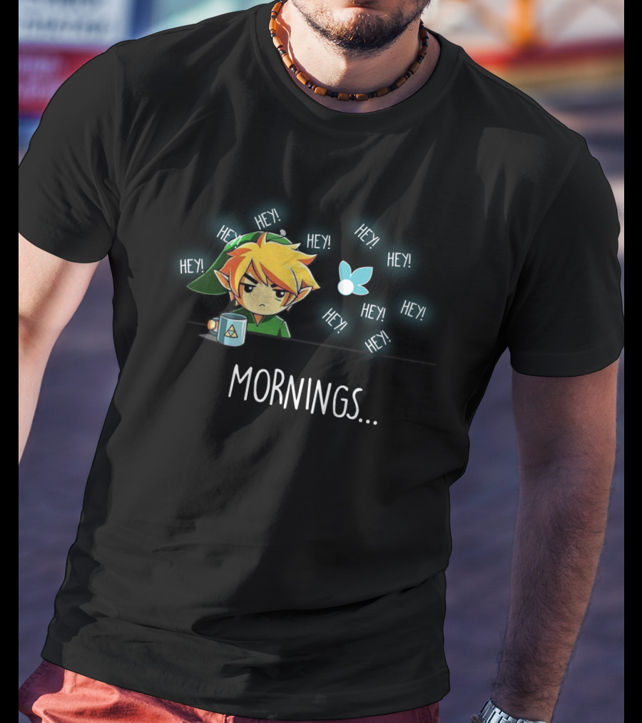 Link Character With Navi Fairy And Coffee Mug In Mornings Hey T-Shirt