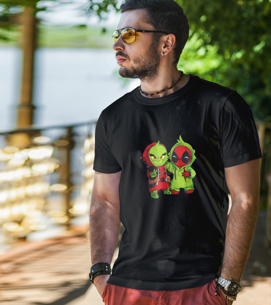 Baby Grinch And Baby Deadpool Crossover Cartoon Characters T-Shirt