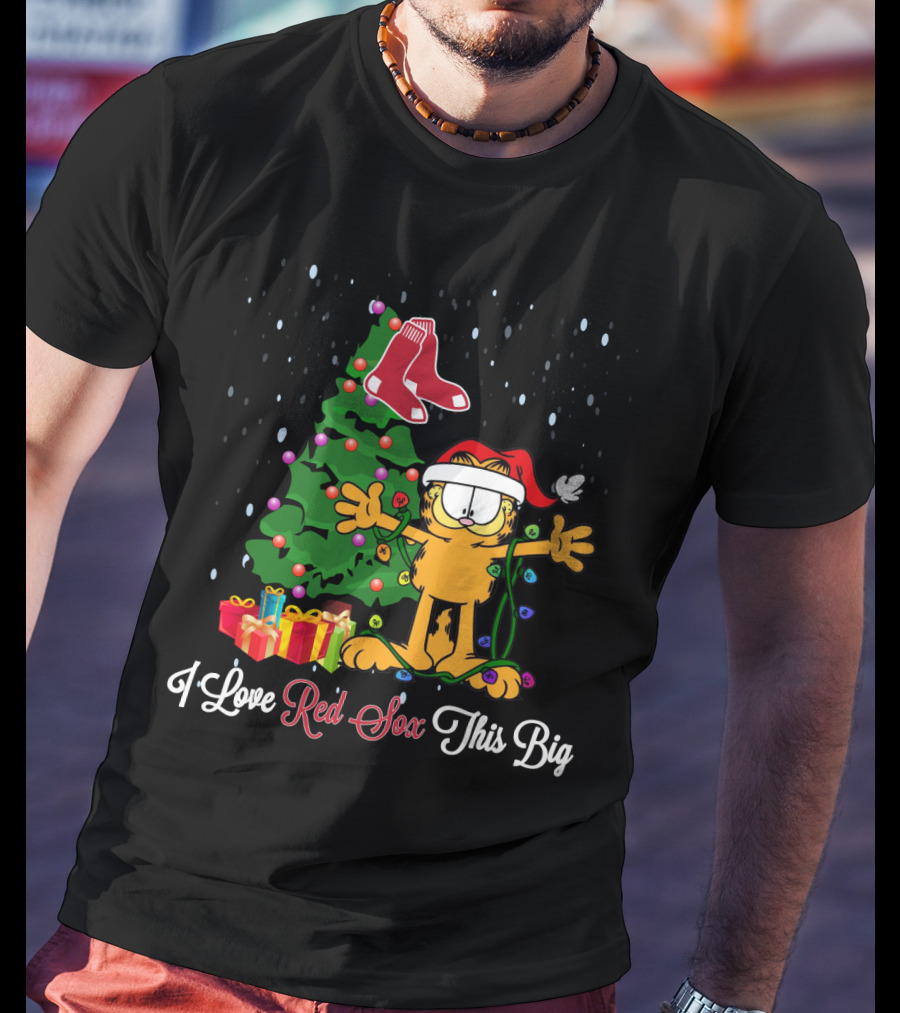I Love Boston Red Sox This Big Christmas Garfield Santa Hat Tree T-Shirt