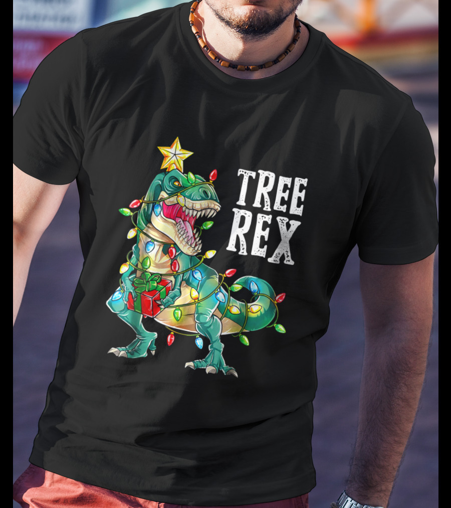 Tree Rex Dinosaur Christmas Lights With Gift And Star T-Shirt