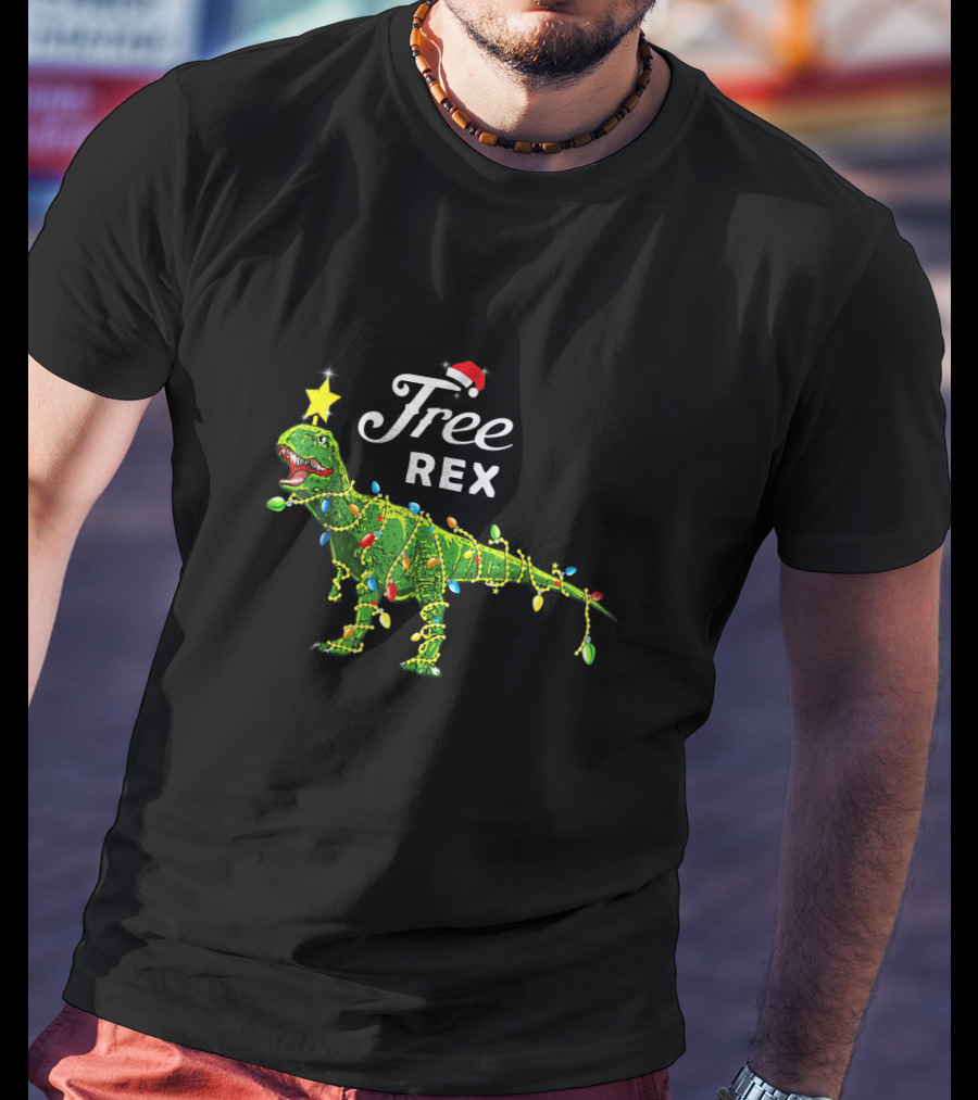 Free Rex Dinosaur Christmas Festive Lights Santa Hat Star Topper T-Shirt