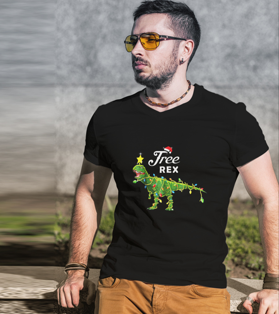 Free Rex Dinosaur Christmas Festive Lights Santa Hat Star Topper T-Shirt