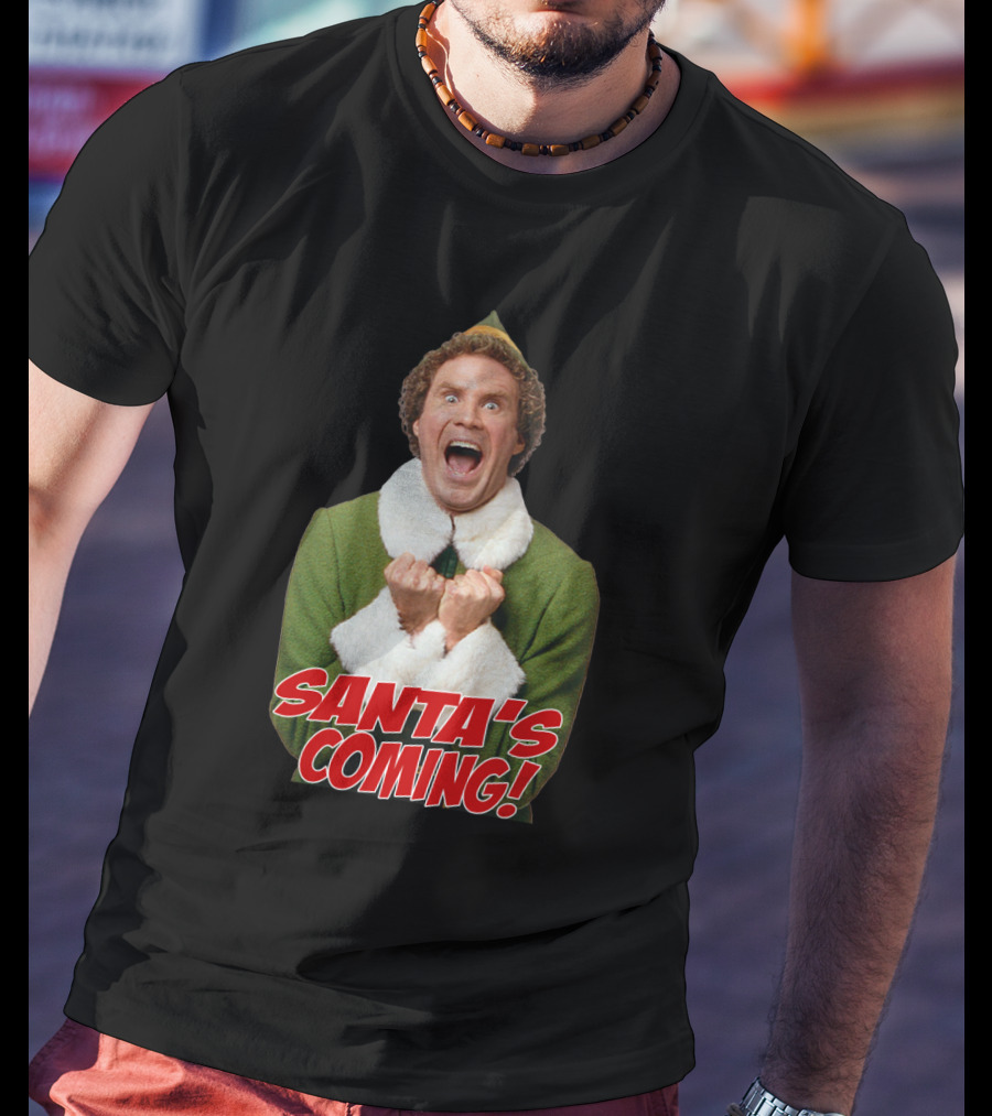 Santa's Coming Excited Elf Green Holiday T-Shirt