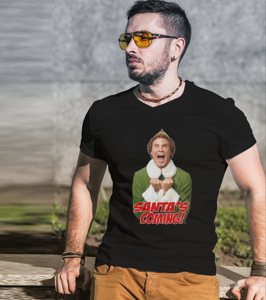 Santa's Coming Excited Elf Green Holiday T-Shirt