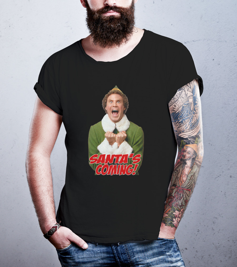 Santa's Coming Excited Elf Green Holiday T-Shirt
