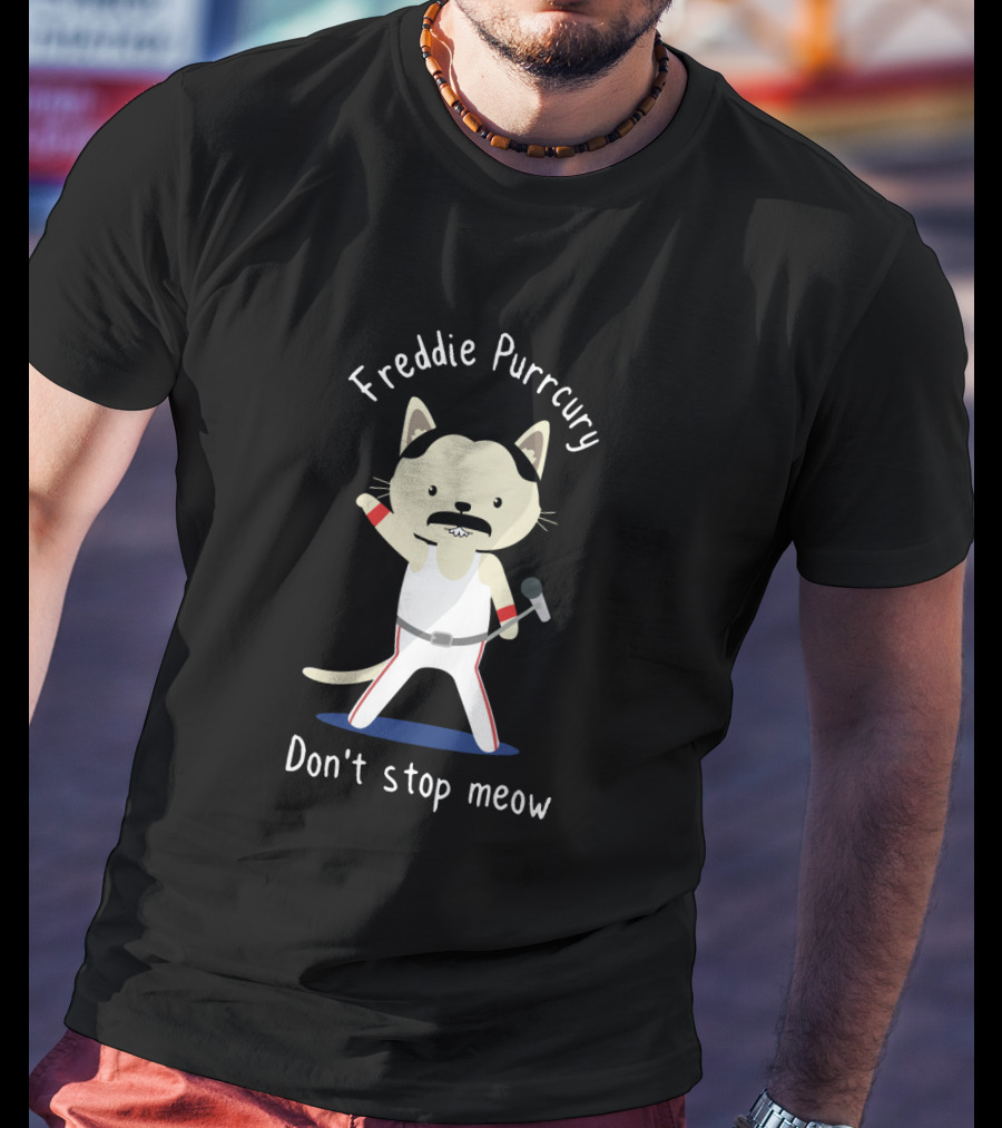 Freddie Purrcury Don't Stop Meow Illustration Of Cat With Microphone In Iconic White T-Shirt