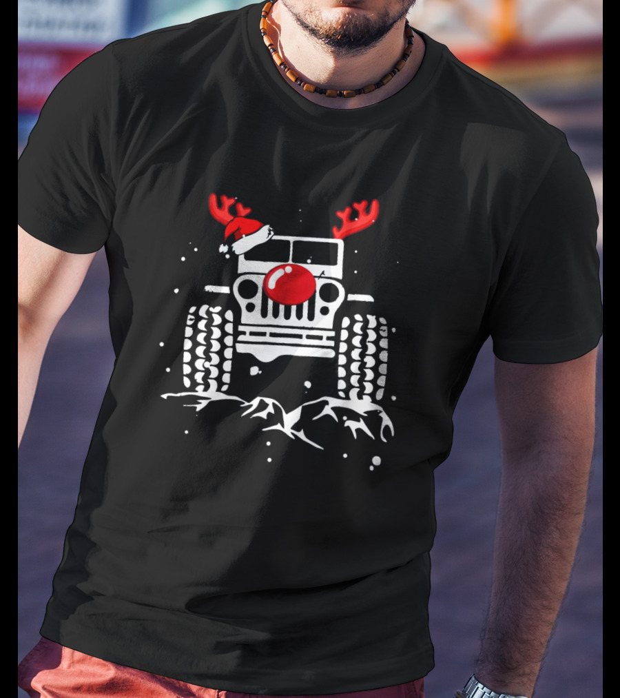 Jeep With Reindeer Antlers Santa Hat And Red Nose Christmas Holiday T-Shirt