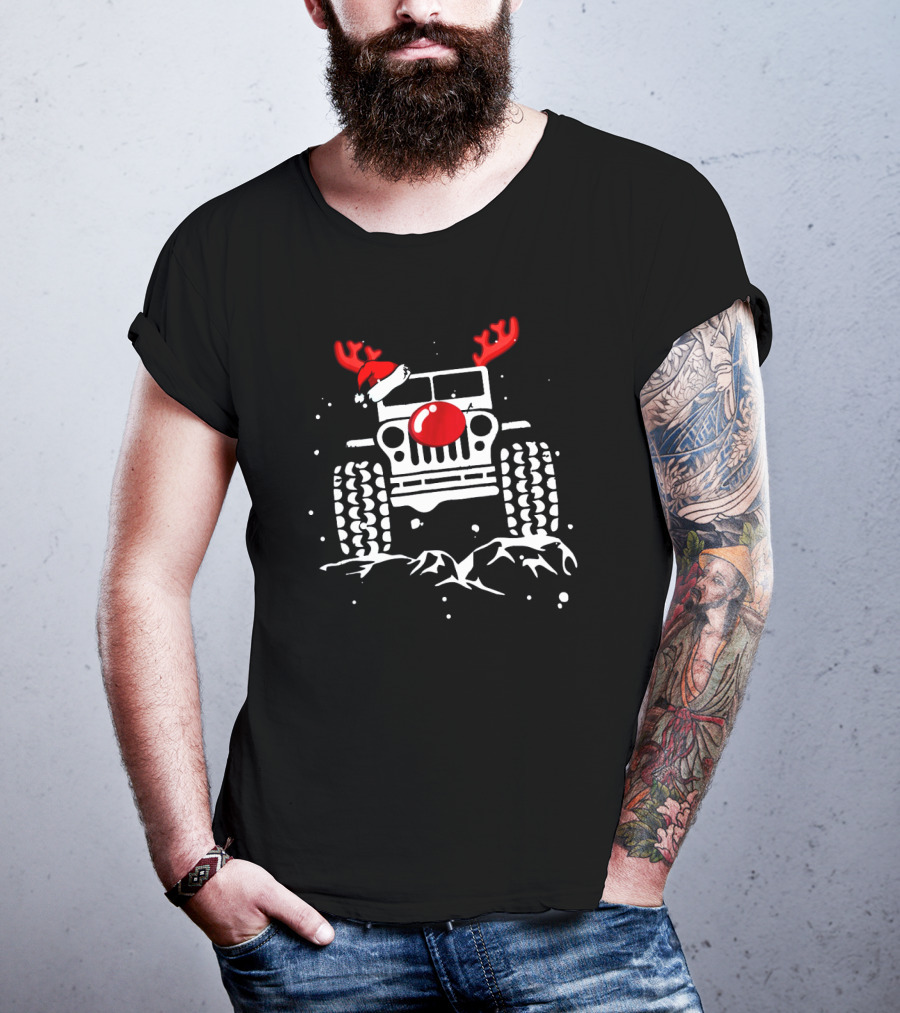 Jeep With Reindeer Antlers Santa Hat And Red Nose Christmas Holiday T-Shirt