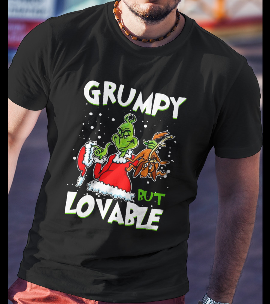 Grumpy But Lovable Grinch In Santa Suit Holding Max Illustrated T-Shirt