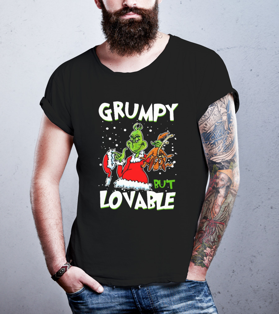 Grumpy But Lovable Grinch In Santa Suit Holding Max Illustrated T-Shirt