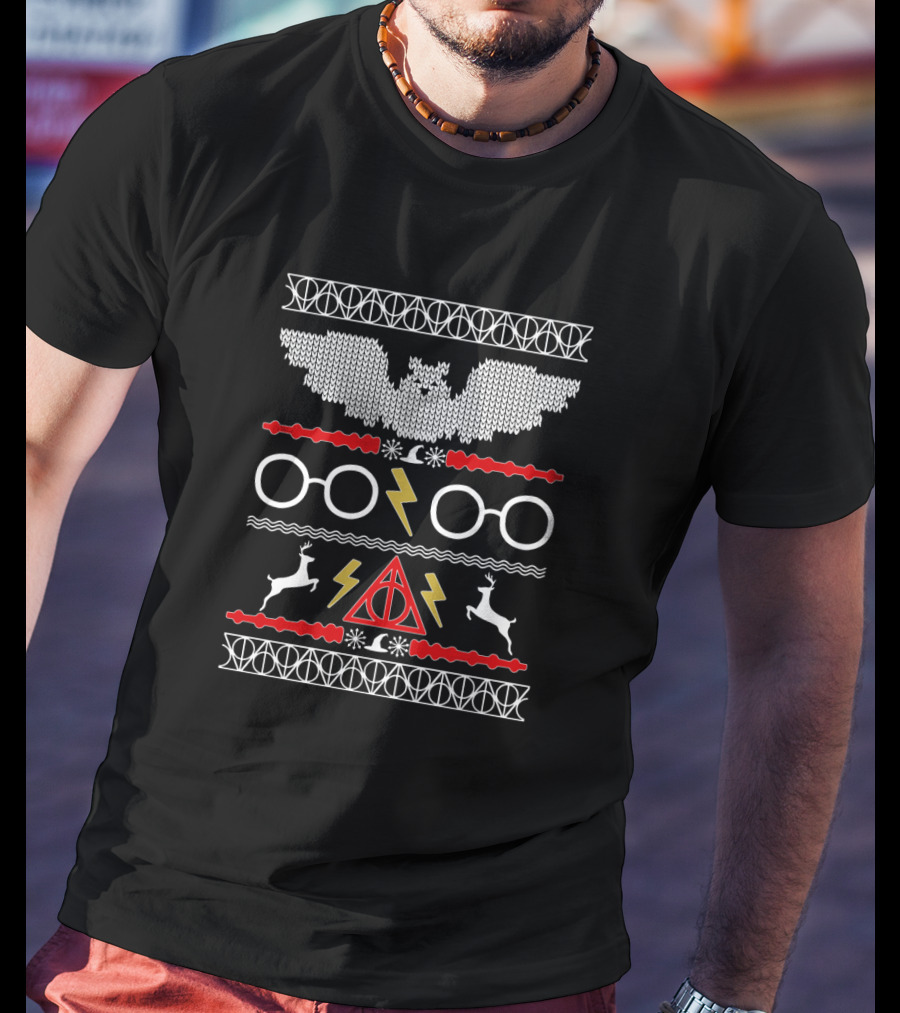 Hogwarts Holiday Sweater Style With Glasses Lightning Bolt And Deathly Hallows Symbols T-Shirt