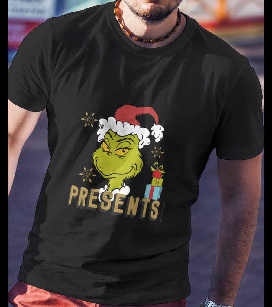 I'm Here For The Presents Grinch Santa Hat Snowflakes T-Shirt