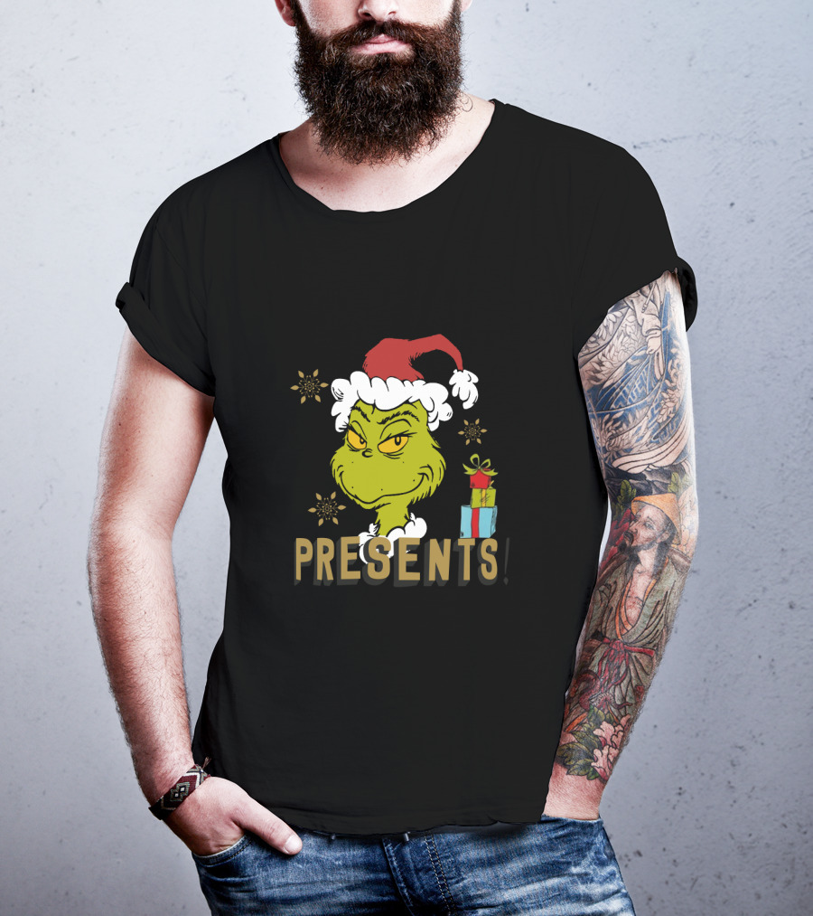 I'm Here For The Presents Grinch Santa Hat Snowflakes T-Shirt