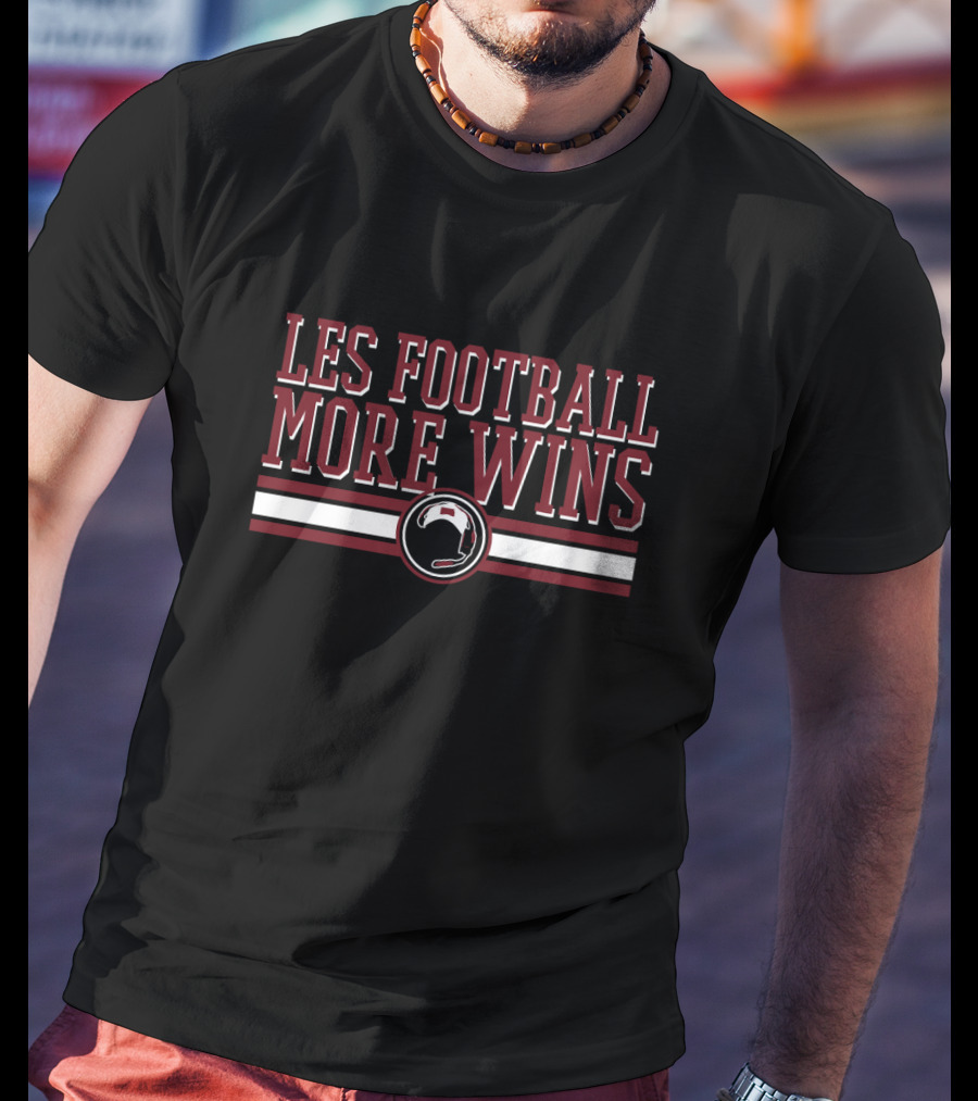 LES FOOTBALL MORE WINS Helmet Graphic Bold Red White Black Stripes T-Shirt