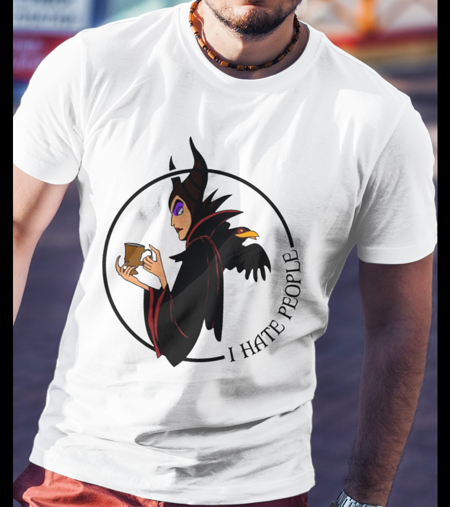 Maleficent Coffee Holding With I Hate People Text And Raven On Shoulder T-Shirt